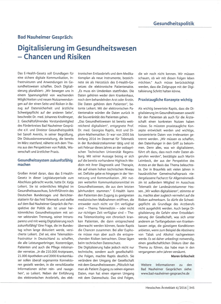 Digitalisierung im Gesundheitswesen - Chancen und Risiken